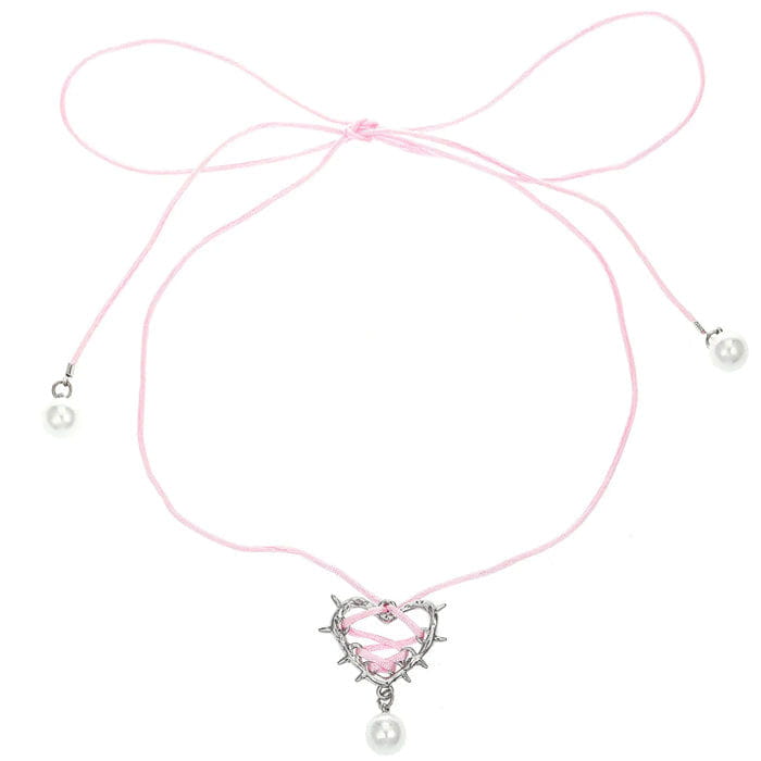 Bow Lace Up Heart Necklace - Standart / Pink