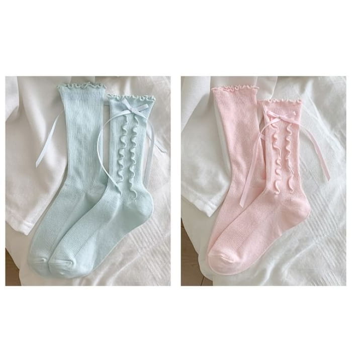 Bow Lettuce Edge Socks / Set - of 2 - Light Green & Pink