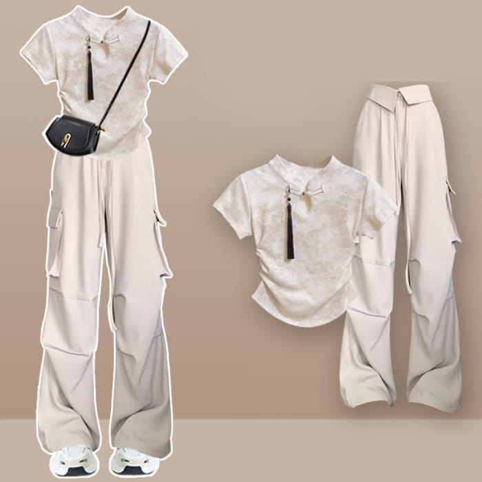 Buckle Tassels T-Shirt Cargo Pants - Set E / M