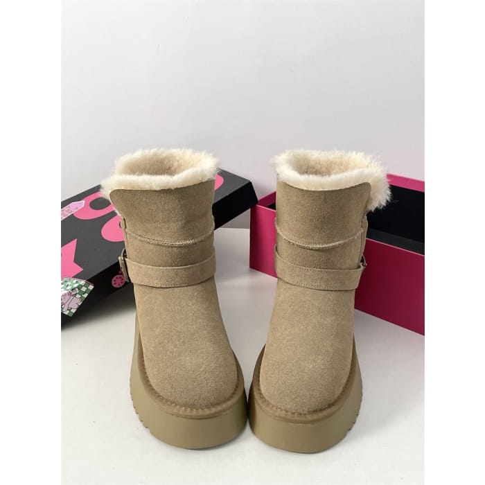 Buckled Fluffy Trim Platform Short Boots