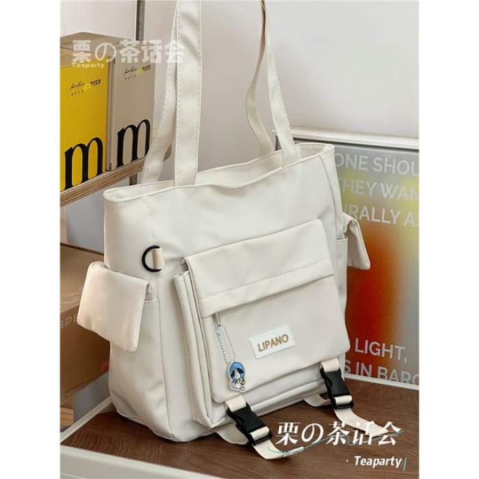 Buckled Lettering Tote Bag / Charm / Set - Off-White