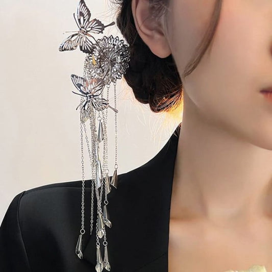 Butterfly Fringed Alloy Hair Stick - B1332 - Silver