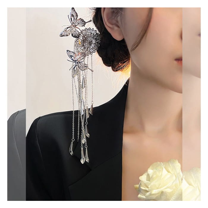 Butterfly Fringed Alloy Hair Stick - B1332 - Silver