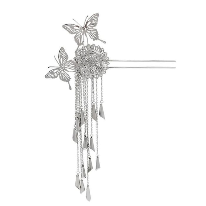Butterfly Fringed Alloy Hair Stick - B1332 - Silver