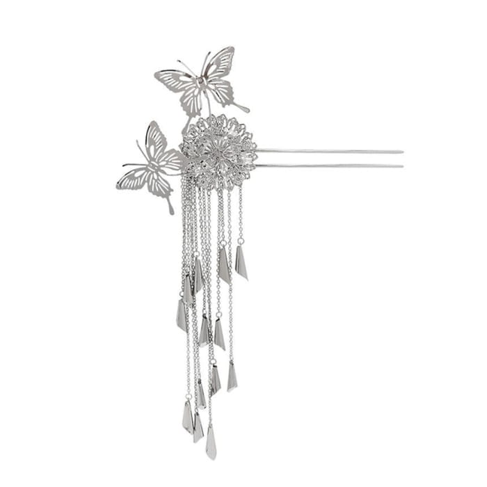 Butterfly Fringed Alloy Hair Stick - B1332 - Silver