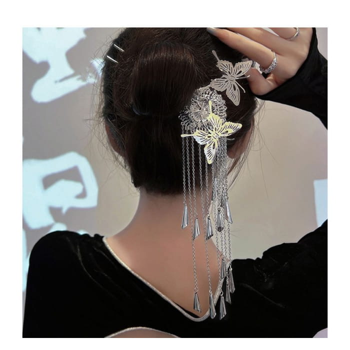 Butterfly Fringed Alloy Hair Stick - B1332 - Silver
