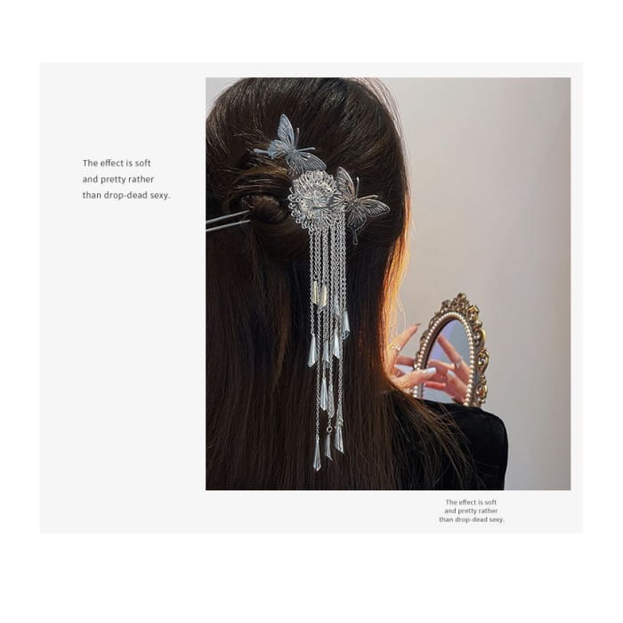 Butterfly Fringed Alloy Hair Stick - B1332 - Silver