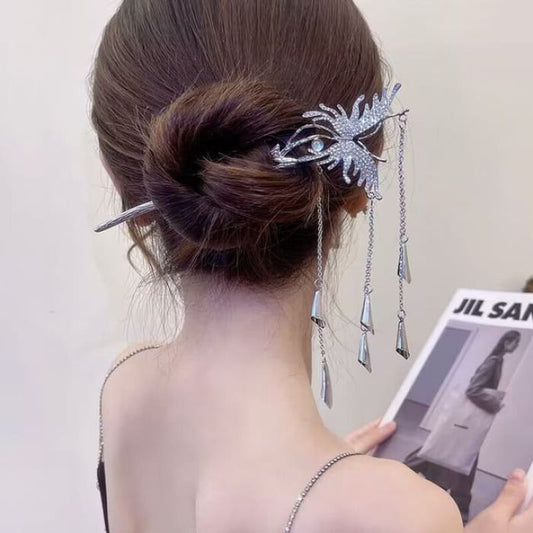 Butterfly Fringed Alloy Hair Stick / Clip - AM2023 - Silver