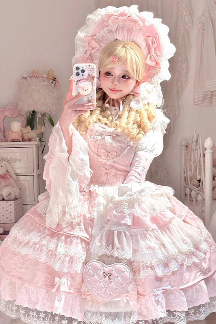 Sleeveless Multi-Layered Ruffle Embroidery Bowknot Lace Pearl Lolita Jsk Pink