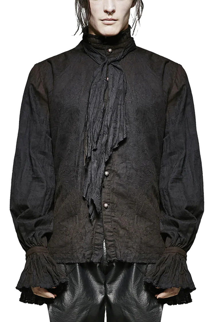 Jet-Black Steampunk Tie Shirt with Lantern Sleeves and Metal Buttons