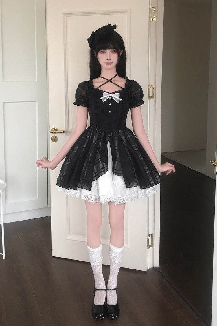 Black/White Square Collar Short Puff Sleeves Plaid Printed Ruffled Bow Lace Sweet Princess Lolita Dress