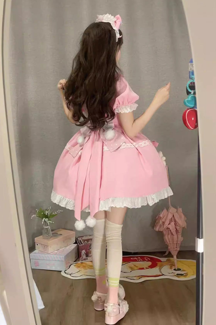 Pink Square-Collar Doll-Print Detachable-Sleeve Bow-Trimmed Princess Sweet Dress