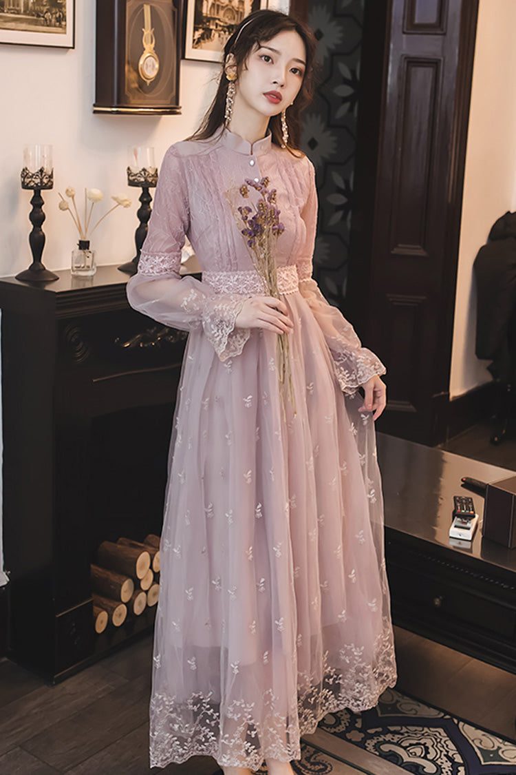 Purple Lolita OP Dress with Lantern Sleeves, Lace Embroidery, Slimming