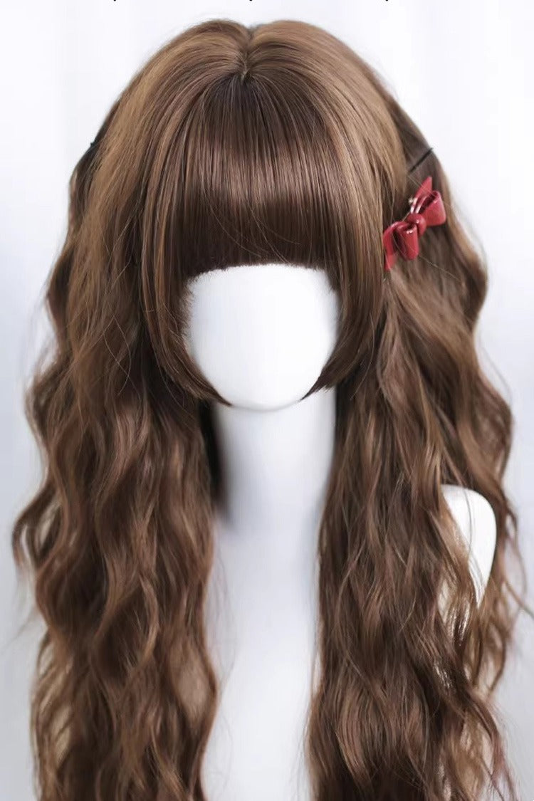 Warm Brown Beach Wave Wig with Blunt Bangs - Sweet Lolita
