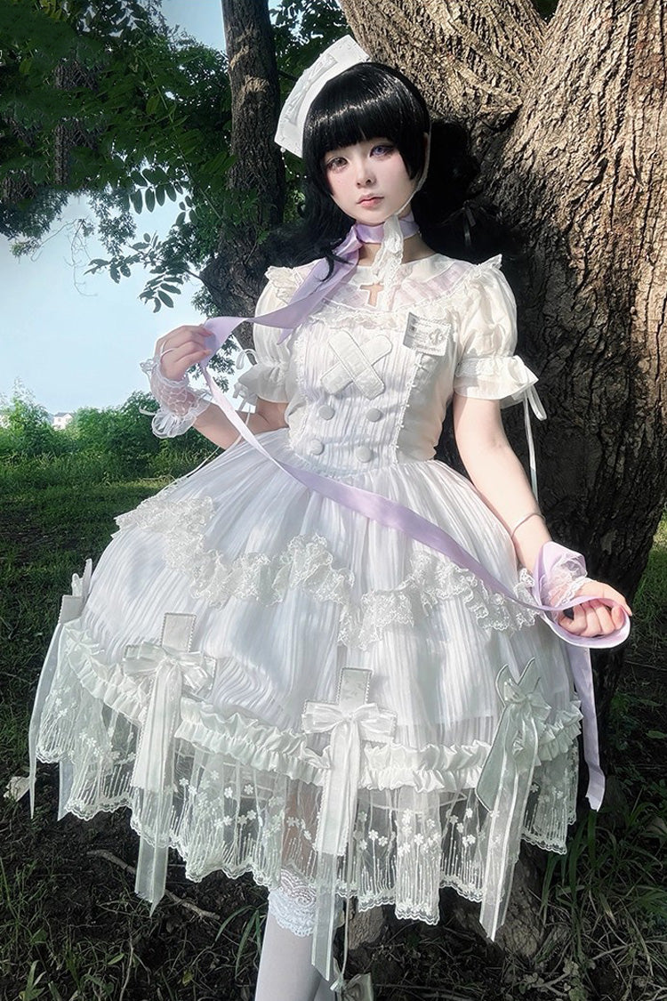 White Short-Sleeved Ruffled Bow Lace Gothic Elegant Lolita Dress