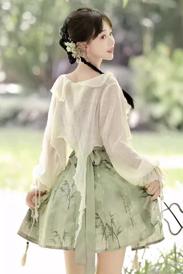 Green Bamboo Printed Lace-Up Sweet Chinese Lolita Jumper Dress