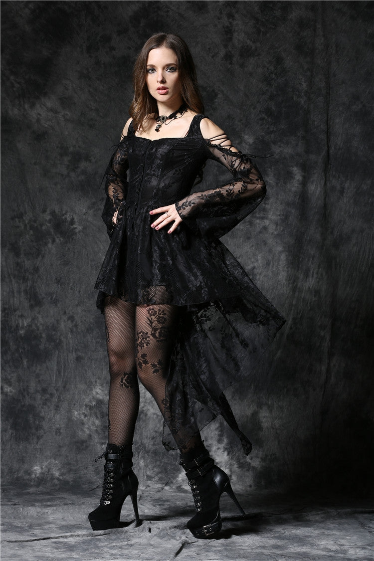 Square Collar Long Sleeves Overlay Embroidered Lace Gothic Dress