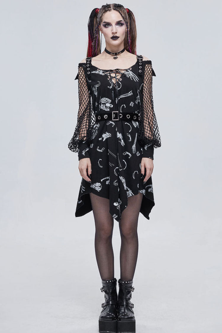 Knit Bone Print Sling Grommet Strap Long Sleeve Gothic Dress
