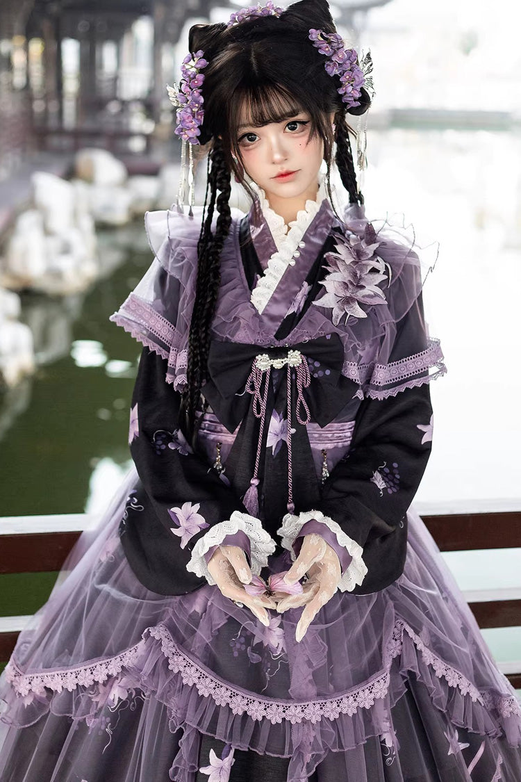 Purple Stand-Collar Embroidered Bow Elegant Chinese-Style Lolita Dress Set