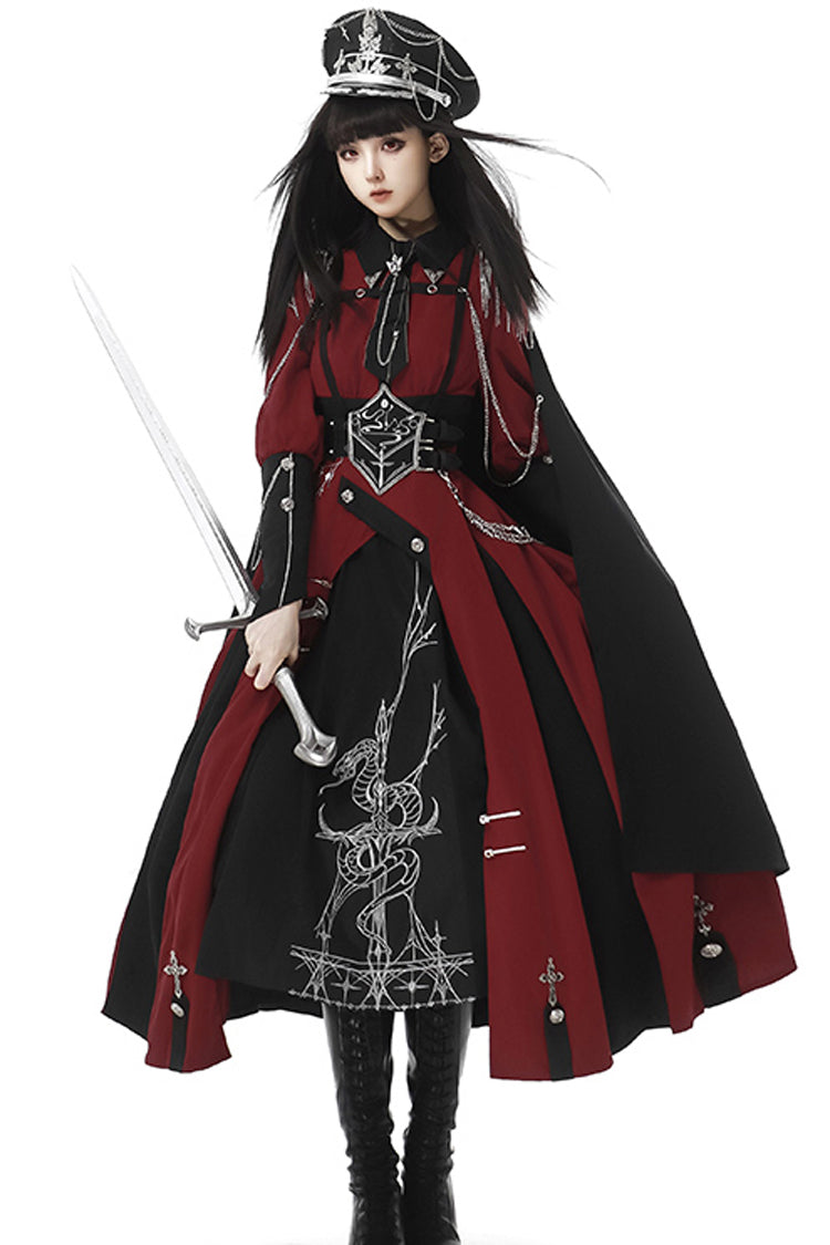 Red Black Metal Chain Print Bow Gothic Military Elegant Lolita Dress