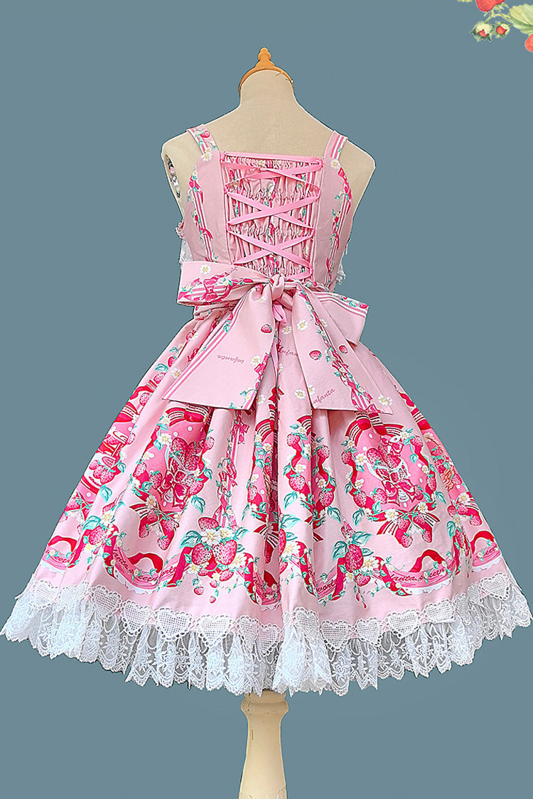 Sleeveless Bowknot Lace Sweet JSK with Print - Strawberry Chef