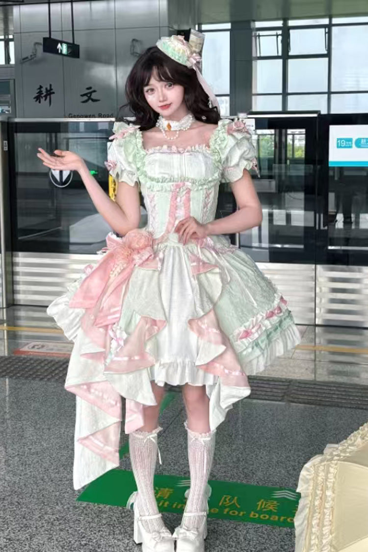 Square Collar Ruffle Cardigan Bowknot Lace Elegant Skirt Set - Spring Overture