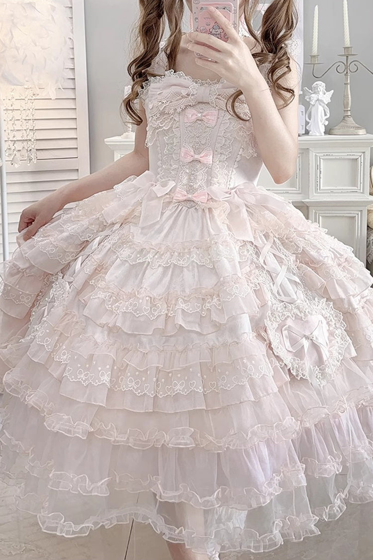 Pink Multi-Layered Ruffled Hanayome Embroidered Bow Lace Sweet JSK - Sweetheart Diary