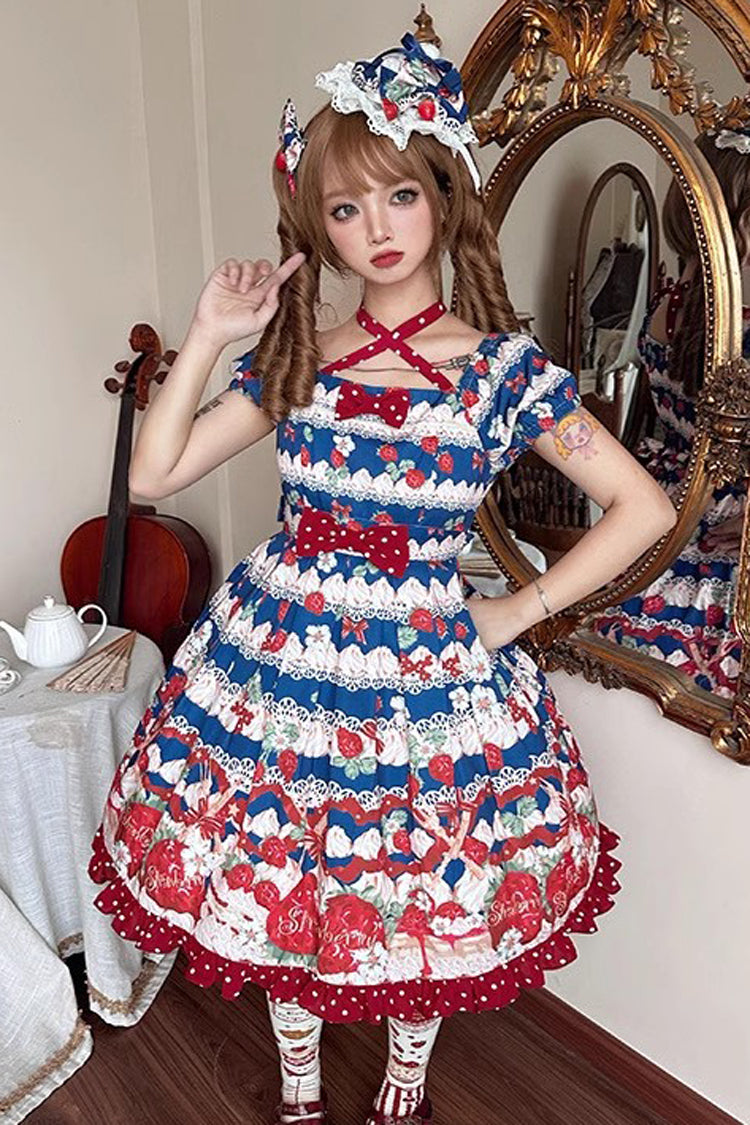Cream Berry Fairy Red/Blue Short Sleeves Printed Ruffled Bow Sweet Lolita Dress - Miss Brown