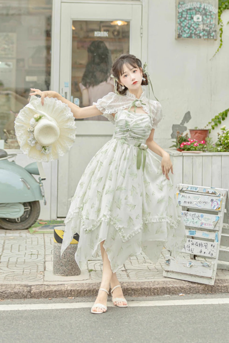 Spring Jacquard Print JSK Dress with Bowknot and Irregular Hem