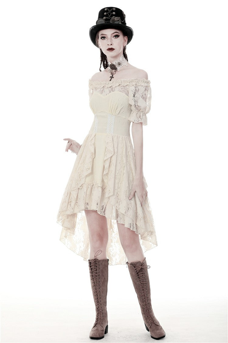 Beige Ruched Off-Shoulder Short Sleeve Steampunk Vintage Gown