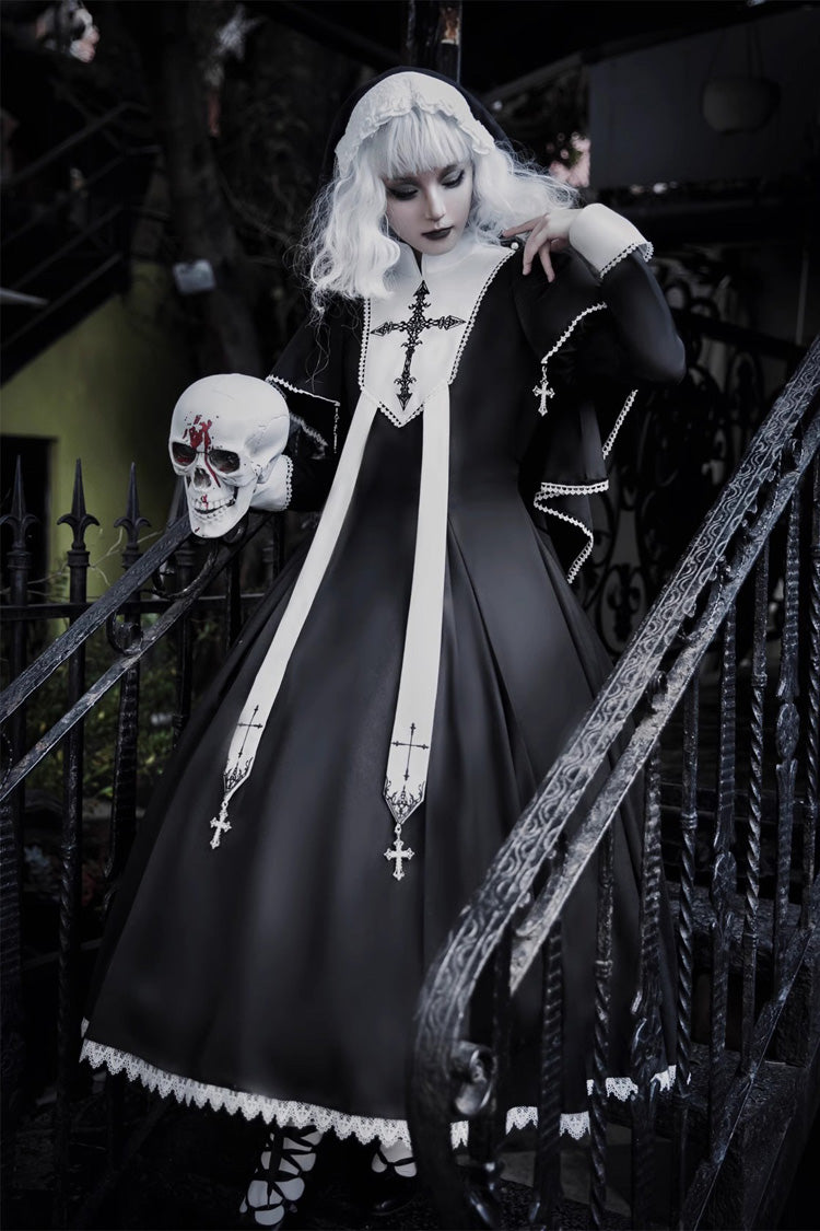 Black Stitching Lace Long Sleeve Gothic Elegant Lolita Dress - Nun