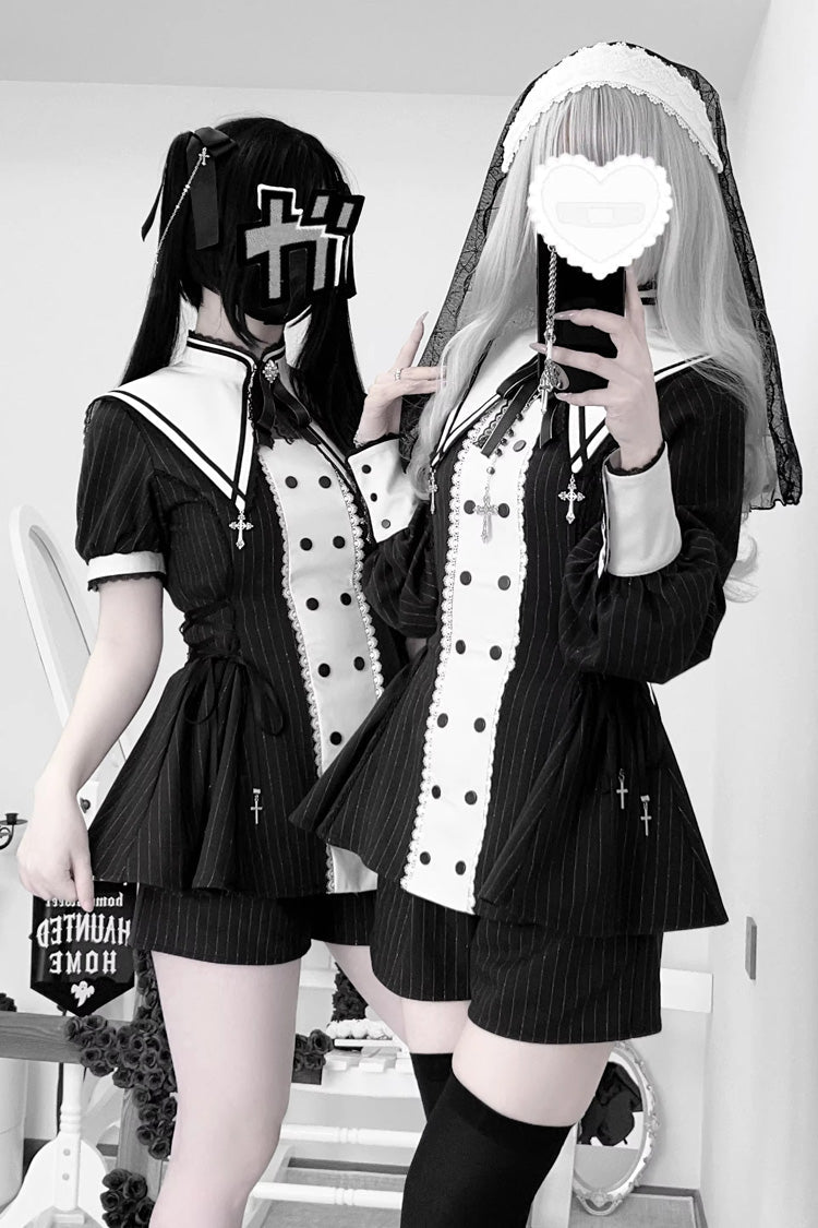 Offbeat Confession Printed Ruffled Bow Gothic Jirai Kei Dress Shorts Set