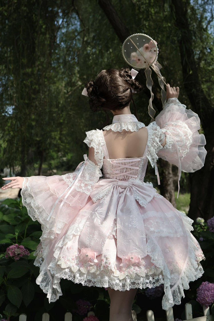 Spring Entwined with Cherry Clouds Short Sleeves Embroidered Bow Lace Sweet Chinese Style Lolita Dress - Pink