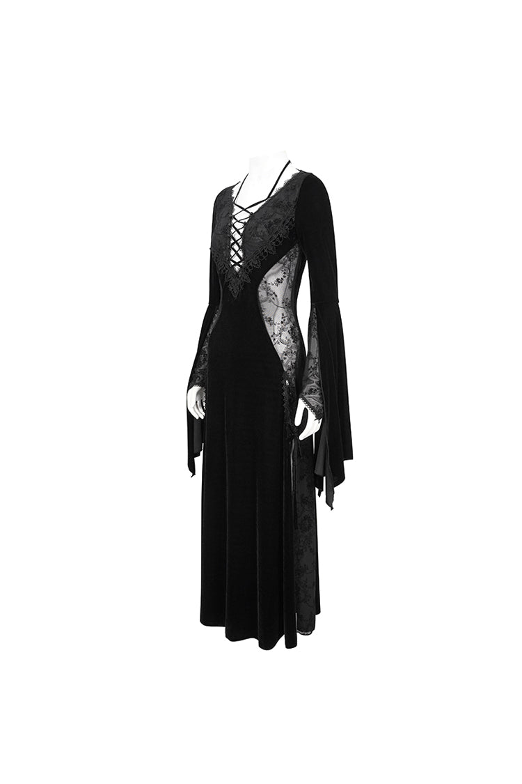 Onyx Velvet Mesh Panel Gothic Maxi Dress for Women