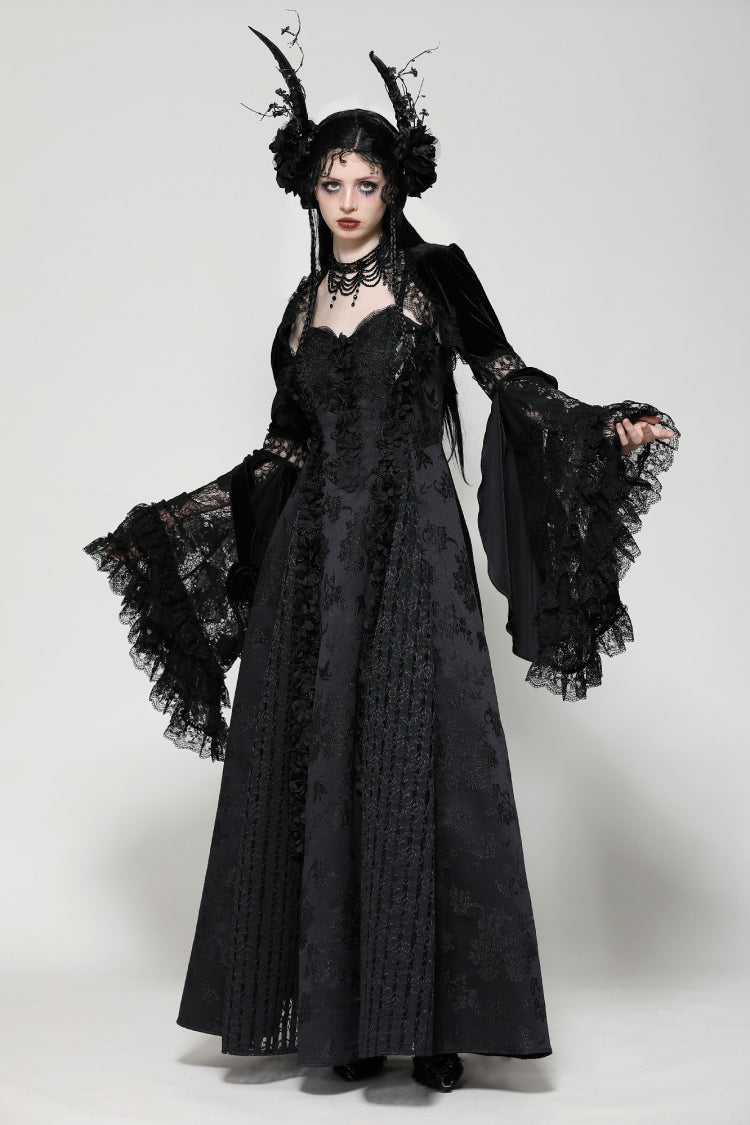 Jet-Black Gothic Cape with Flared Sleeves and Ruffled Lace Trim
