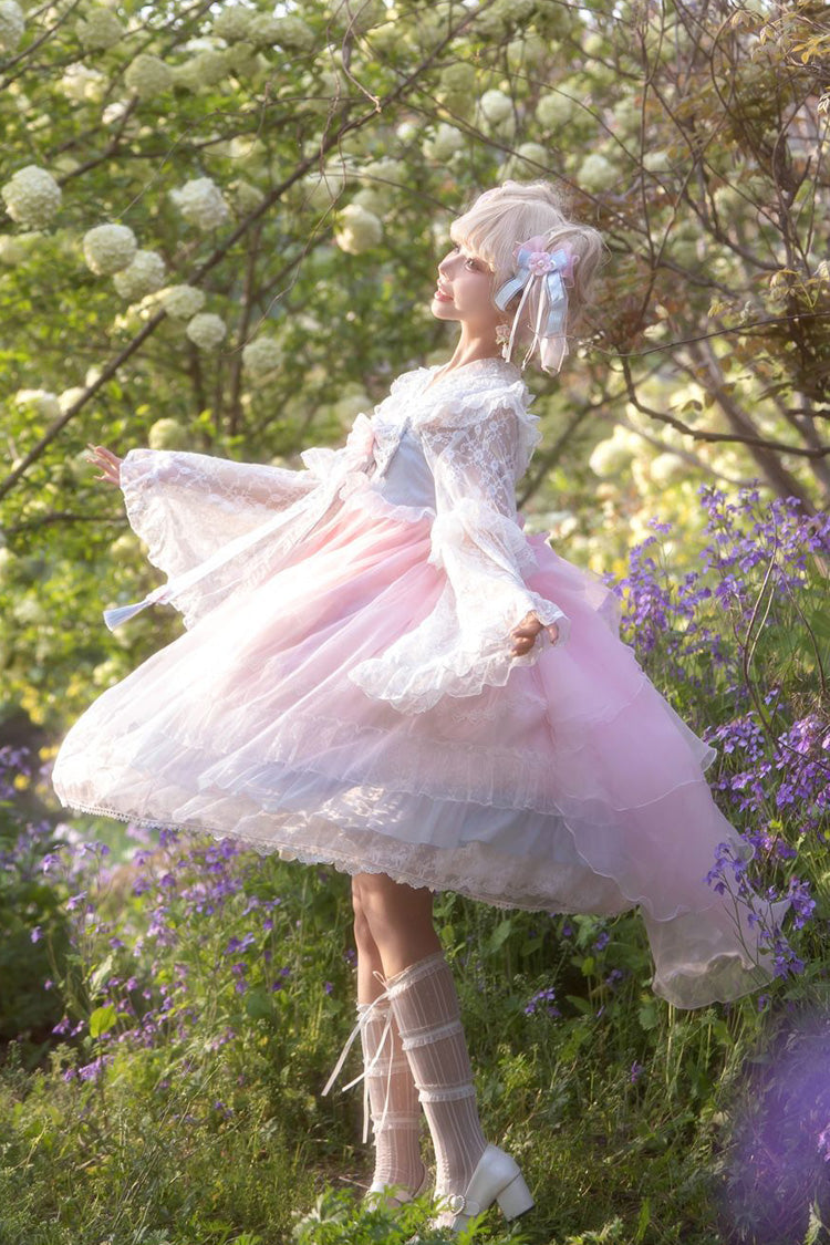 Peach Blossoms in Spring Fields Sweet Chinese Lolita JSK with Ruffles