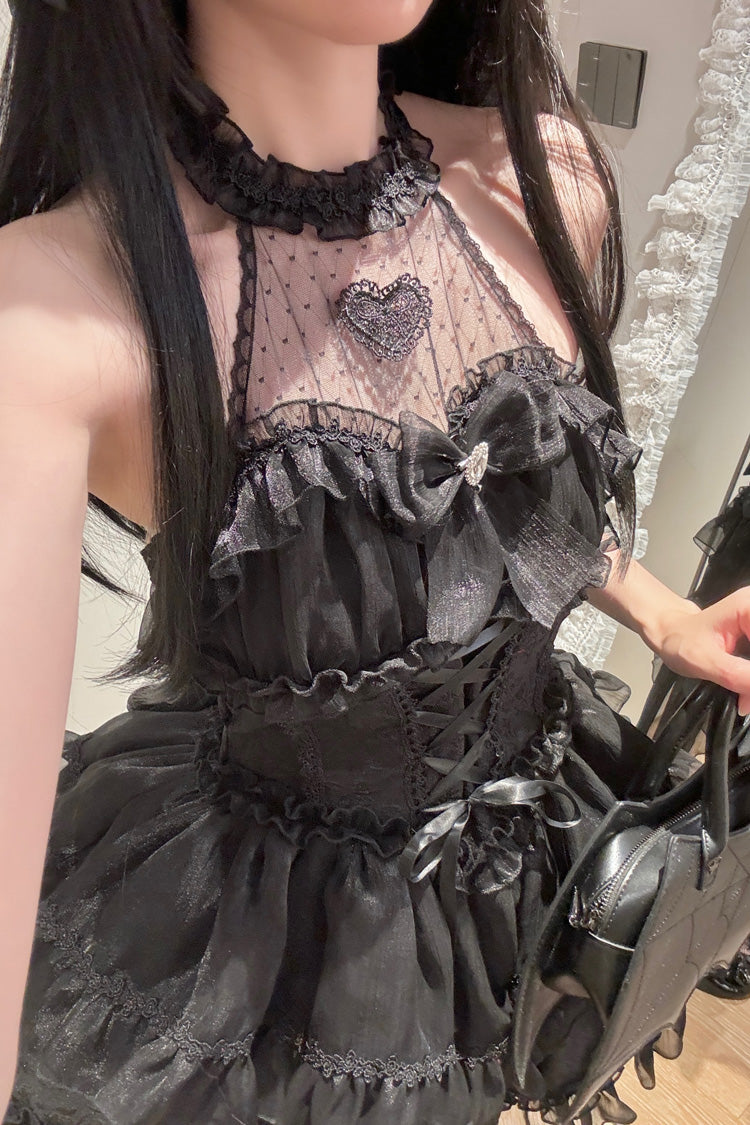 Black Gothic Lolita JSK Halterneck Triple Layered Bowknot Lace