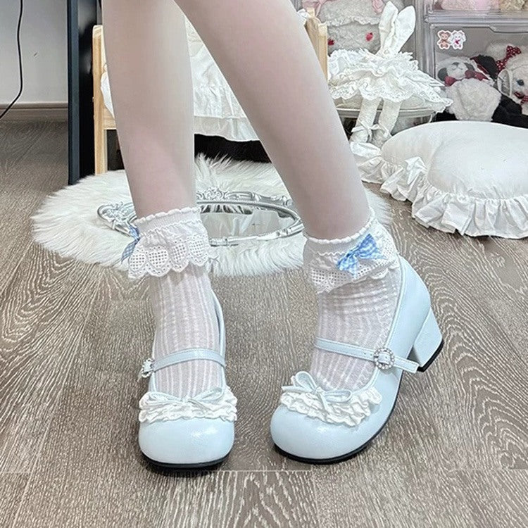Azure Bow Lace Mid-Heel Round-Toe Sweet Lolita Mary Jane Footwear