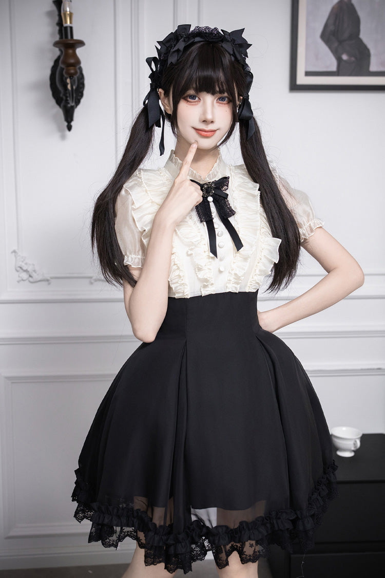 Miss Lola Snow Kiss Stand Collar Short Puff Sleeves Ruffled Color-Blocked Faux Two-Piece Sweet Lolita Dress 3 Colors - Black