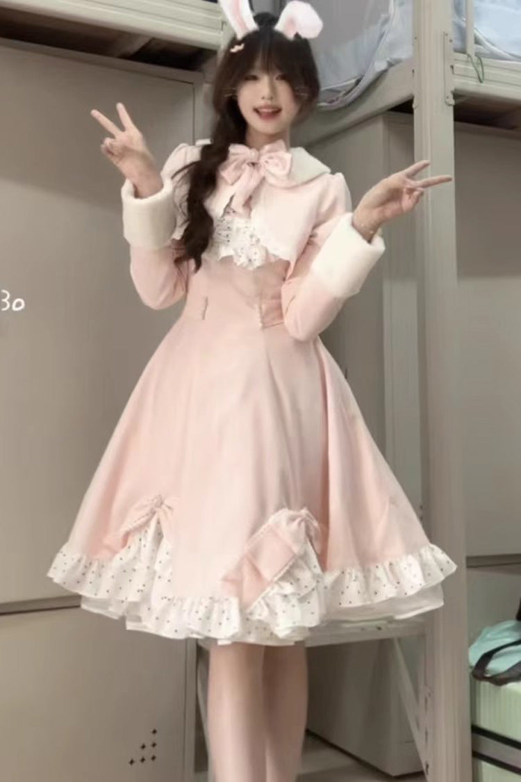 Pink Long Sleeves Ruffled Bow Sweet Princess Lolita Dress Coat Set - Miss Brown