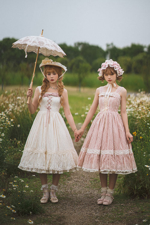 Vintage Blush Solid Multi-Layer Embroidered Ruffled Sweet JSK Dress