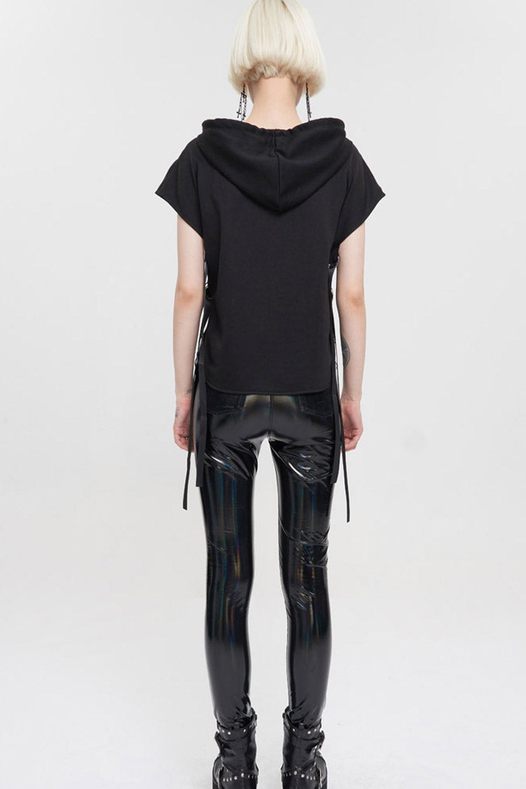 Punk Hoodie Tee with Pentagram Print and Leather Accents