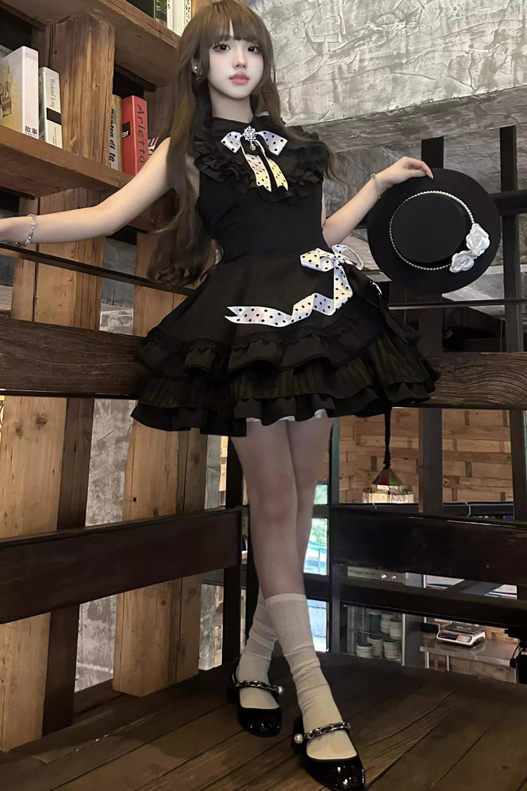Polka Dot Gothic Lolita Dress with Bow and Ruffles, Black