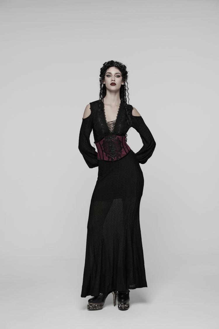 Crimson Lace Floral Slim Corset with Side Zip and Lacing