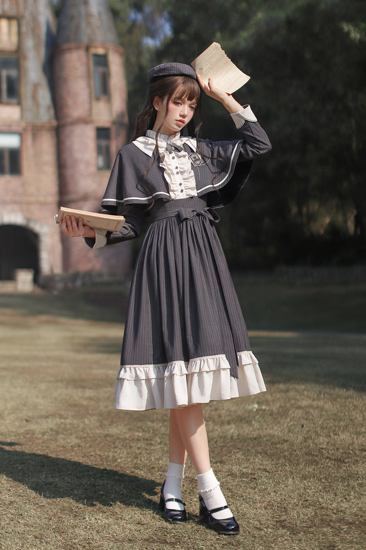 Striped Ruffle Bowknot Long Sleeve College Style Lolita Dress Dark Blue