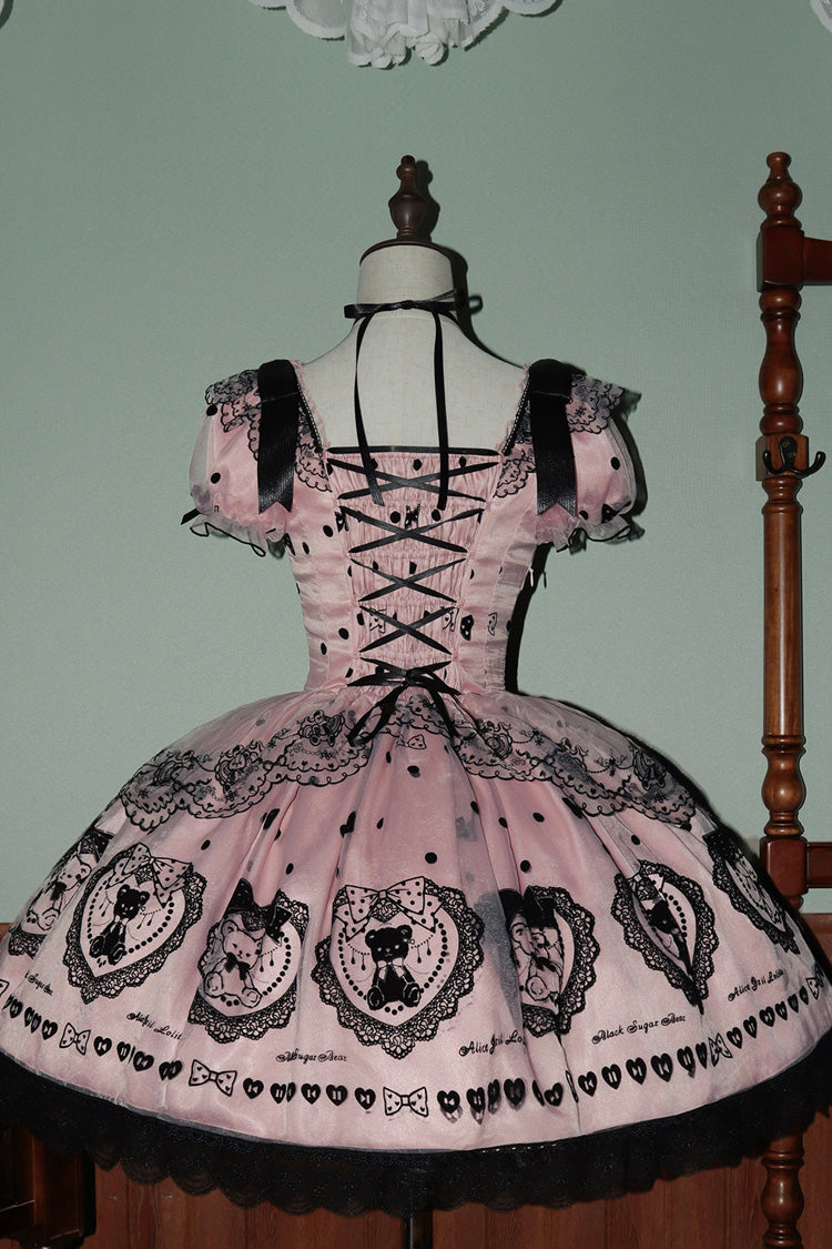 Pink Square Neck Short Sleeve Embroidered Bow Sweet Dress with Bow Train - Sugar Bear