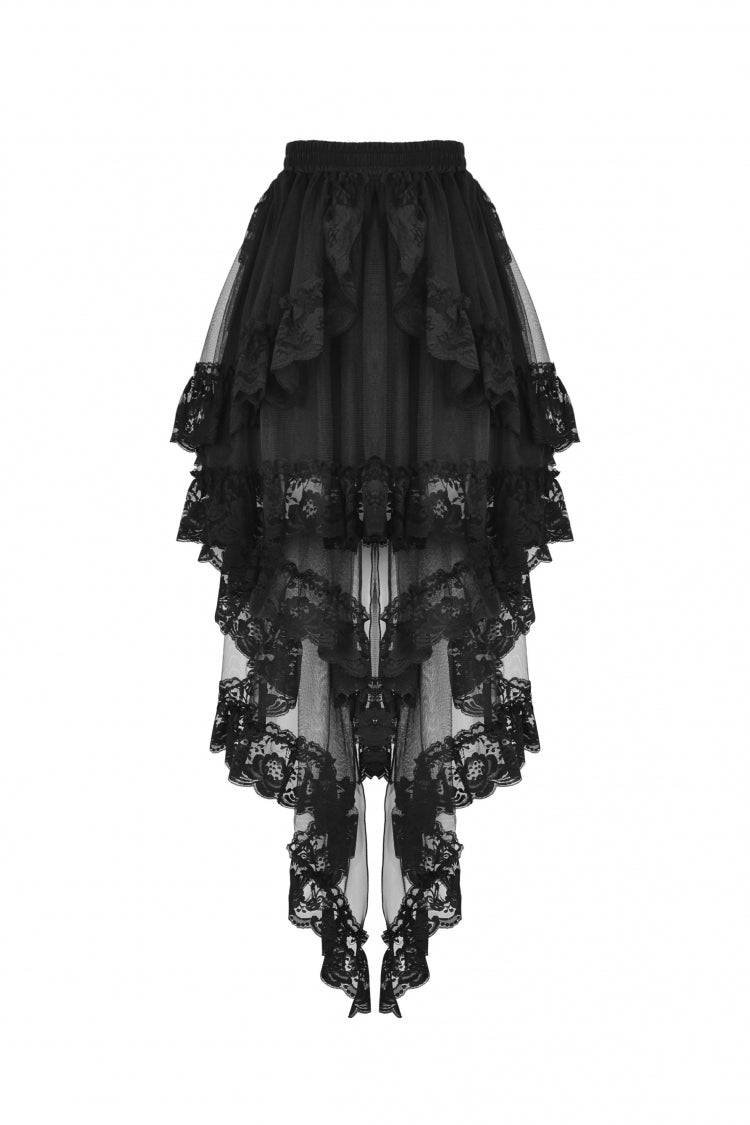 Gothic Swallow Tail Skirt with Irregular Lace Ruffles, Black