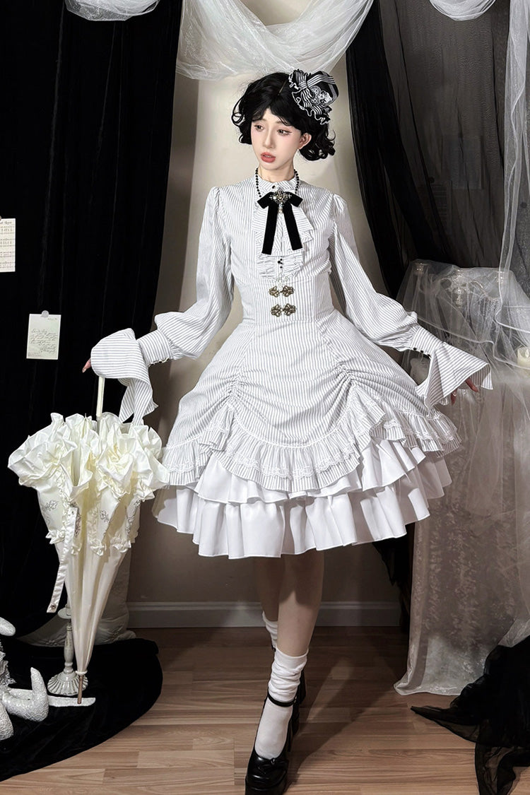 Ivory Manor Point Striped Ruffle Hem Bow Gothic Skirt