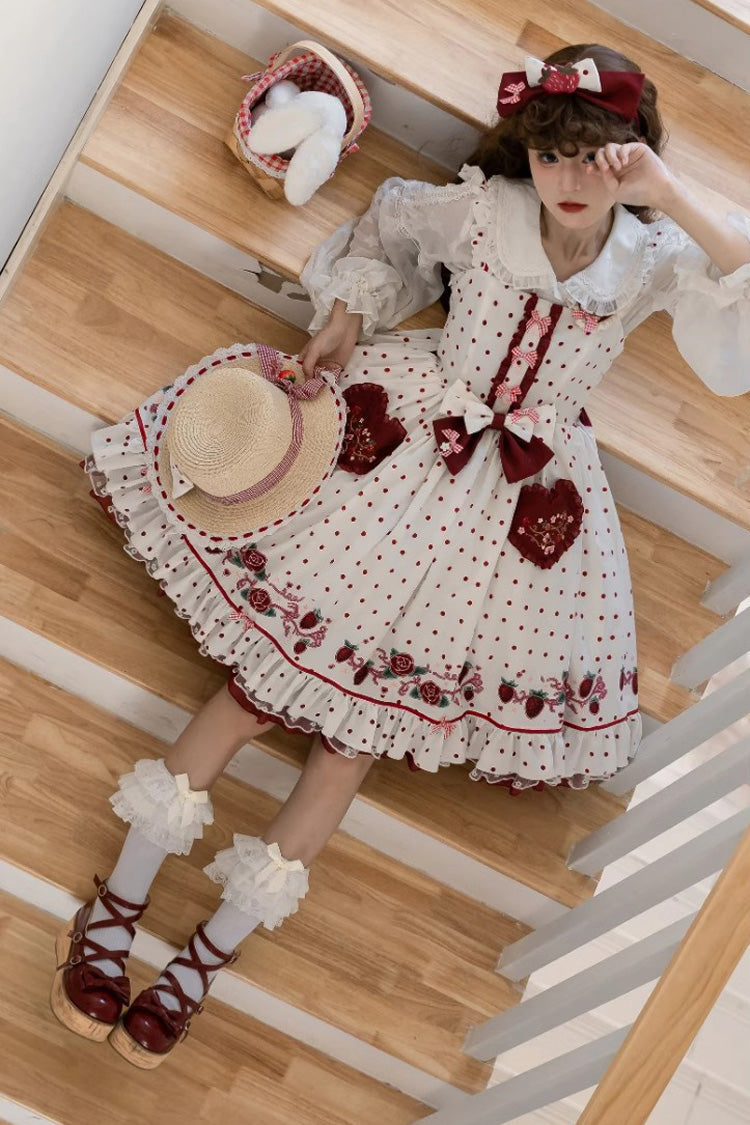 Ivory Strawberry Print JSK Dress with Ruffles - Strawberry Diary