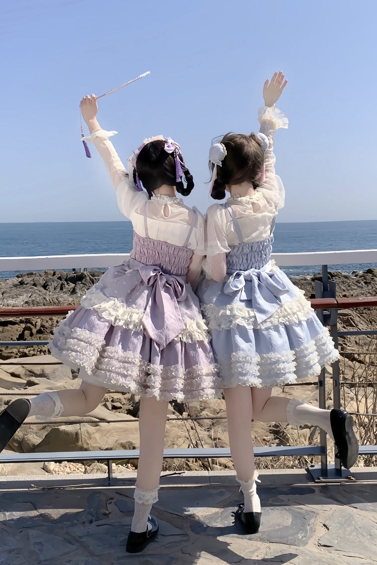 Good Night Peach Sleeveless Multi-Tiered Ruffled Bow Lace Sweet Chinese Style Lolita Jumper Dress Three Colors